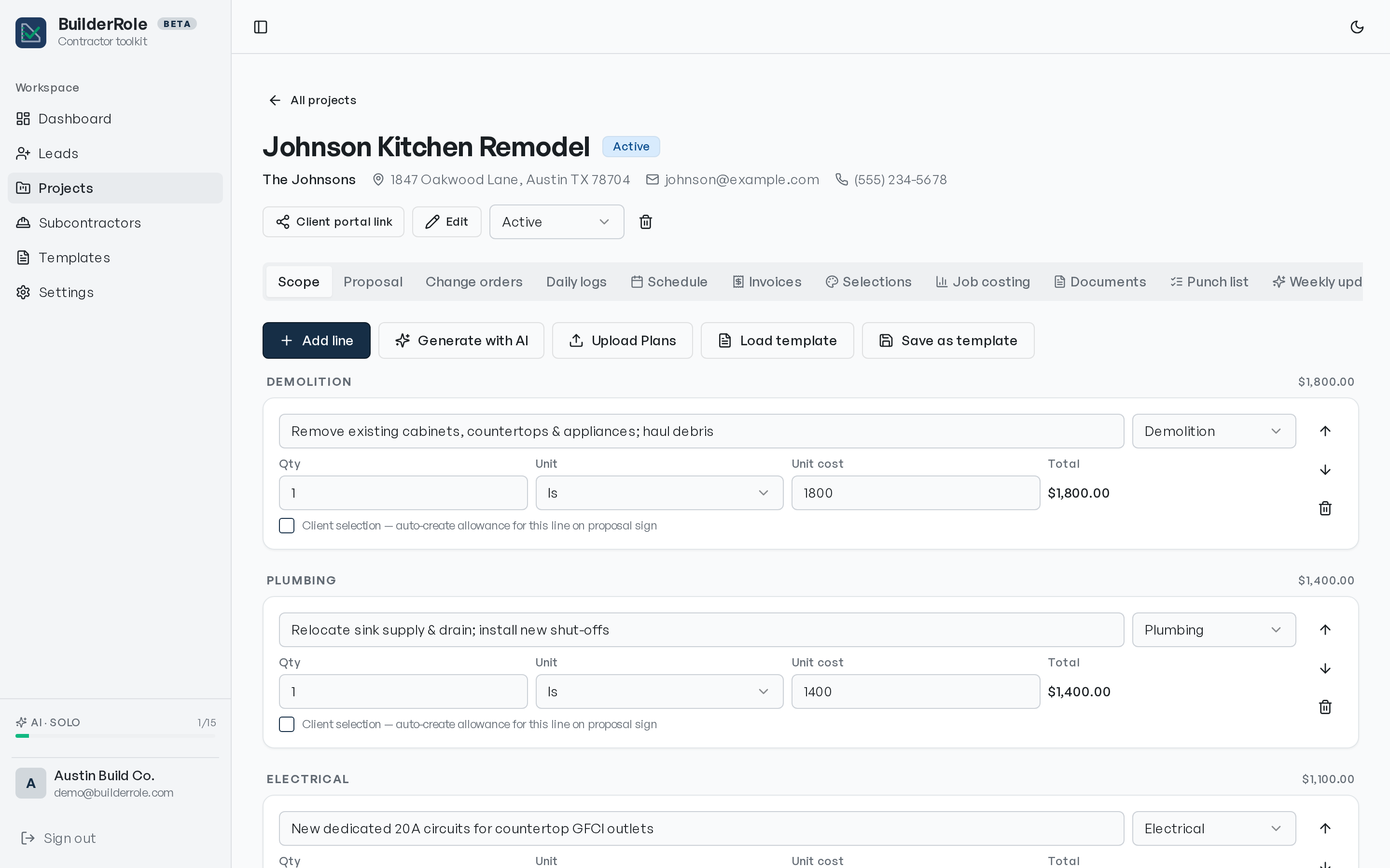 PlumberRole job view — scope of work with itemized line costs, schedule, selections, and callbacks tabs.